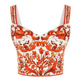 Dolce & Gabbana Majolica-print Charmeuse Bustier Top - female - Dolce & Gabbana - Sleeveless Tops - Orange - XS - Tops