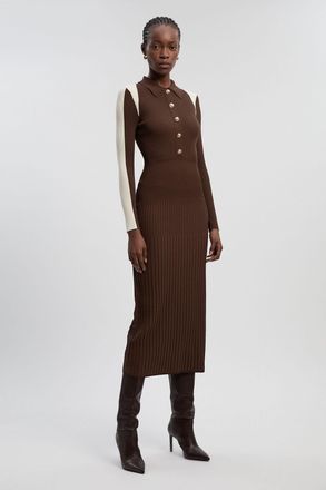 Karen Millen Womens Rib Knit Military Colour Block Midi Dress - Chocolate Polyamide - Size X-Small