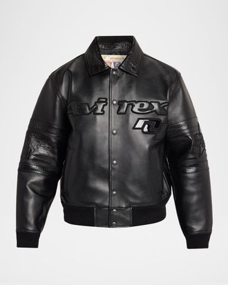 Avirex Men & apos;s Legends Leather Croc-Effect Trim Bomber Jacket