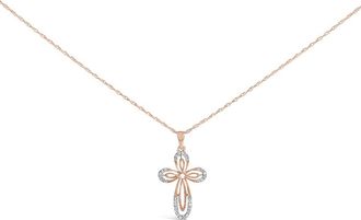House of Brilliance 10K Rose Gold Plated Sterling Silver 1/6 Cttw Diamond Double Loop Cross Pendant Necklace