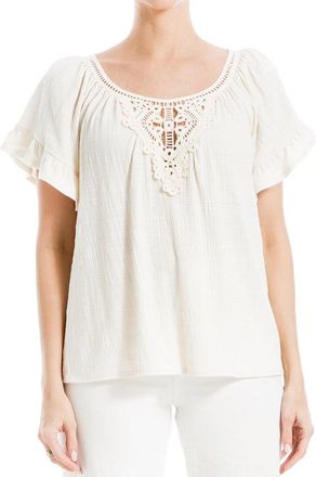 Max Studio Flutter Sleeve Crochet Yoke Knit Top