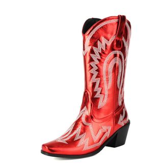 Generic Womens Chunky Heel Mid-Calf Boots Pull on Wide-Calf Boots with Embroidery Stitched Pointed Toe PU Leather Western Cowboy Boot,Red,10.5 UK