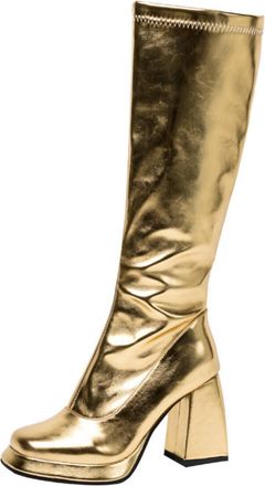 Generic Women Knee High Metallic PU Leather Round Toe Fashion Boots Platform Block Heels Side Zip Glossy Solid Color Comfortable Durable,Gold,8.5 UK