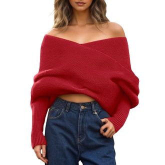 Generic Womens Knitted Jumpers Off Shoulder Sweater Scarf Soft Comfort Warmth Pullover Sweaters Ladies Spring Autumn Winter Fitted Jumpers for Women Classic P