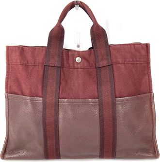 Herm&egrave;s Wine Cotton Leather Handbag Tote Bag (Pre-Owned)