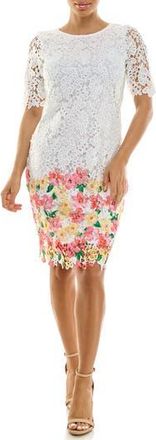 Nina Leonard Floral Elbow Sleeve Lace Sheath Dress in White/coral/Yellow Multi at Nordstrom Rack, Size Small