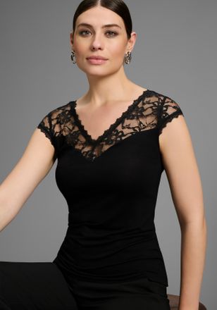 Melrose Spitzenshirt MELROSE, Damen, Gr. 32, schwarz, Jersey, Obermaterial: 95% Viskose, 5% Elasthan. Spitze: 100% Polyester, unifarben, tailliert h&uuml;ftbedecke