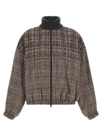 Brunello Cucinelli Brown Checks Mock Collar Jacket