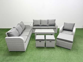 Fimous 10 Seater Poly Rattan Outdoor Garden Furniture Oblong Coffee Table Sofa Set Patio 3 Seater Sofa Reclining Chair 3 Seater Sofa 3 Stools Side