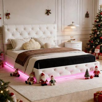 OEM Cama Lit 140x190 Con Somier, Cama 140x190 Con Almacenamiento, Led Regulable, Altura Del Cabecero Regulable, Lino, Blanco Roto