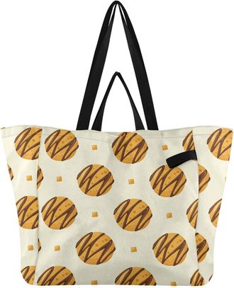 Generic Chocolate Yellow pattern Reusable Canvas Tote Bag, Heavy Duty Grocery Shopping Bag with Hard Bottom Double Handles Large Capacity Work Groceries Trave