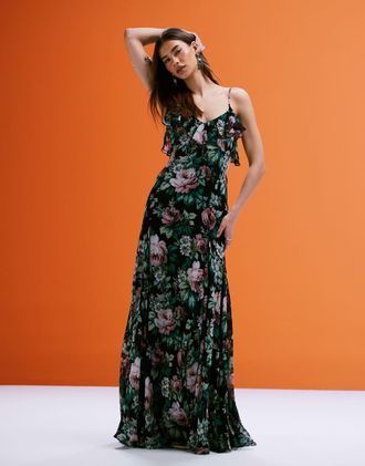 Mango Vestito lungo in chiffon con stampa floreale scura e volant-Blu