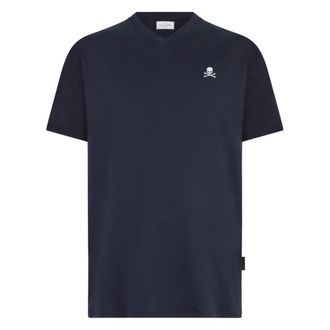 Philipp Plein Tops, Heren, Blauw, 4Xl, Katoen, Basic V-Neck T-Shirt Skull