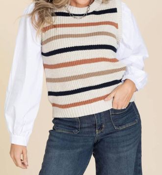 Fate Layered Shirt Stripe Sweater In Taupe