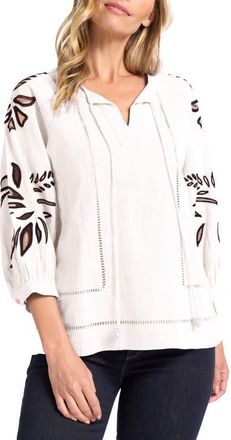 Matty M Athena Embroidered Puff Sleeve Cotton Top in White/Chocolate at Nordstrom, Size X-Small