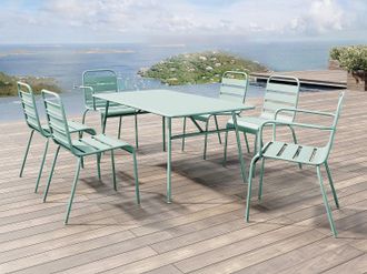 Vente-Unique Sala da pranzo da giardino in Metallo Verde acqua MIRMANDE: tavolo L.160cm 2 poltrone e 4 sedie impilabili
