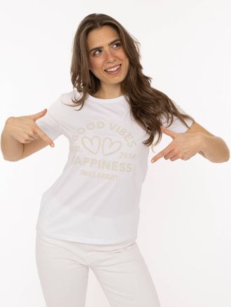 Zwillingsherz T-Shirt ZWILLINGSHERZ Happiness Vibes, Damen, Gr. XXL, wei&szlig;, Obermaterial: 95% Baumwolle, 5% Elasthan, Shirts T-Shirt, ton in ton Stickerei, kurzarm, 