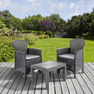 Dmora Dmora - Set Salotto Da Esterno, Set Da Giardino Con 2 Poltrone Ed 1 Tavolino, Salottino Effetto Rattan Con Cuscini, 100% Made In Italy, Antracite