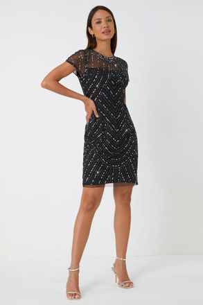 Roman Sequin Embellished Sheer Shift Dress