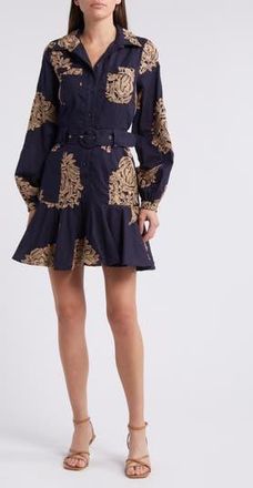 Ciebon Ina Embroidered Long Sleeve Cotton Shirtdress in Navy Tan at Nordstrom Rack, Size Small