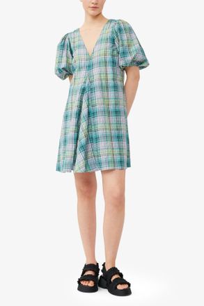 Ganni Green Seersucker Check V-Neck Mini Dress