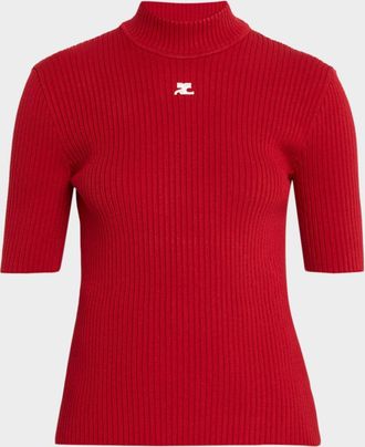 Courr&egrave;ges Mock-Neck Short-Sleeve Rib Pullover