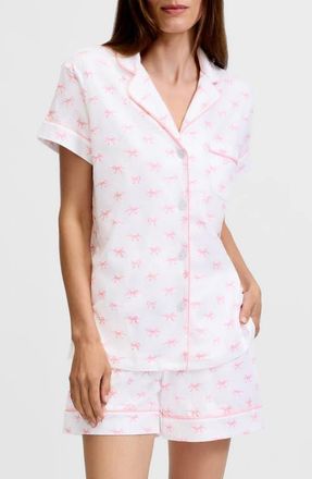 Petite Plume Bows Classic Pima Cotton Short Sleeve Short Pajamas in White at Nordstrom, Size X-Small