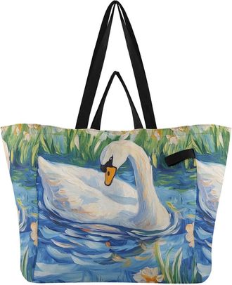 Generic Swan Yellow Floral Blue pattern Reusable Canvas Tote Bag, Heavy Duty Grocery Shopping Bag with Double Handles Large Capacity Hard Bottom Work Grocerie