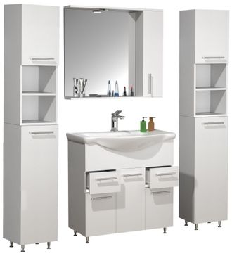 ebuy24 Vcm 5pcs &Aacute;rea De Lavado Gabinete Inferior De Lavabo 75 Cm Conjunto De Muebles De Ba&ntilde;o Con Lavabo, Armario De Espejo, 2x Gabinete Alto Pr&aacute;cticos Cajone