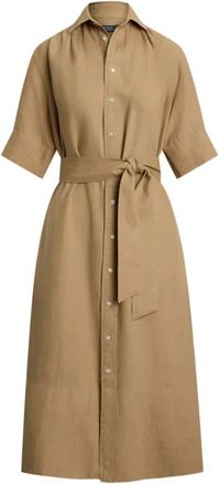 Polo Ralph Lauren Belted Button-Up Shirt Dress - Dames - Shirt Kleedjes - Bruin - XS - Linnen - Kleedjes