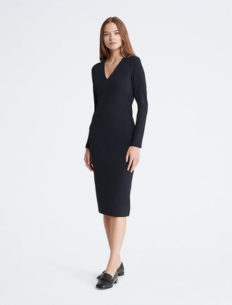 Calvin Klein Womens Stretch Crepe Midi Dress - Black - XS