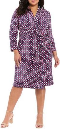 London Times Geometric Print Faux Wrap Dress in Pink Flambe/Navy at Nordstrom Rack, Size 1X