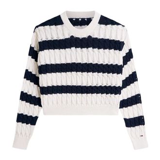 Tommy Jeans Striped Cable Knit Jumper - female - Tommy Jeans - Round-neck Knitwear - Multicolor - 2XS - Knitwear