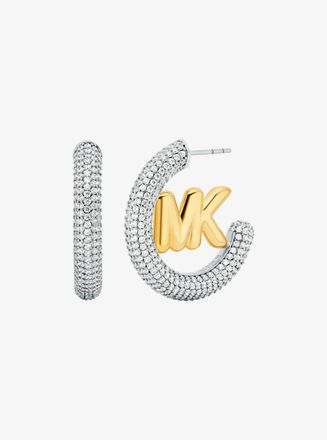 Michael Kors Large Pav&eacute; Logo Charm Two-Tone Hoop Earrings