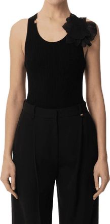 Elisabetta Franchi Tops, Dames, Zwart, L, Polyester, Geribbelde tanktop met bloem