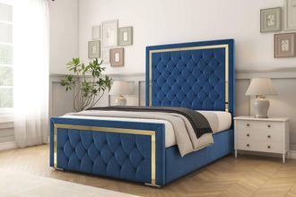 Comfort Beds Sofia Gold Plush Bed Frame - 50 Upholstered Headboard in Navy | Size: Single