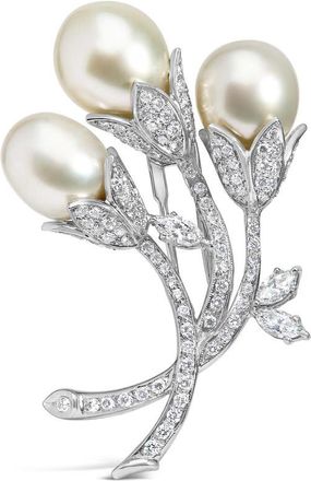 House of Brilliance 18K White Gold 2 1/5 Cttw Diamond and South Sea Pearl Floral Brooch Pin