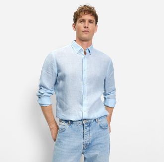 Olymp Langarmhemd OLYMP, Herren, Gr. XXL, N-Gr, hellblau, Web, Obermaterial: 100% Leinen, regular fit, 1-Knopf-Manschette, Hemden Langarmhemd, Casual, Butto