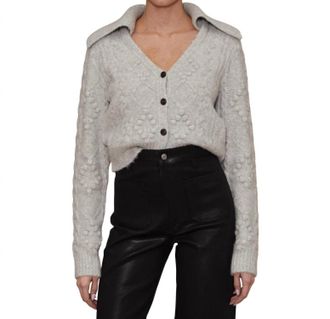 LE JEAN Cable Knit Cardigan In Heather Grey