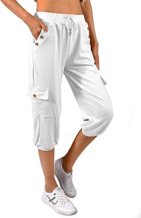 Heekpek Women Cropped Trousers Sweatpants Capri Trousers Casual Baggy Elastic Waist with Pockets Cropped Joggers for Yoga Workout Summer, White, Size XXL