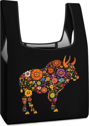 Generic Flower Silhouette Bison Buffalo Shopping Bag Reusable Grocery Tote Bag Foldable Handbag for Travel Picnic