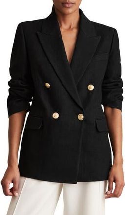 Reiss Eden Double Breasted Linen Blend Jacket in Black at Nordstrom Rack, Size 12 Us / 16 Uk
