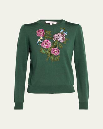 Carolina Herrera Floral Embroidered Silk-Cotton Crewneck Sweater