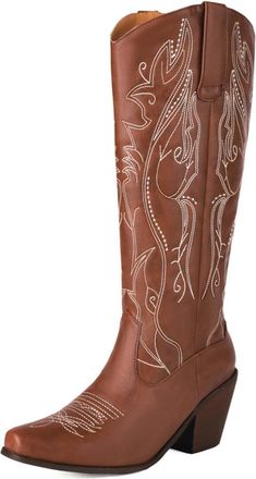 Generic Womens Western Knee-High Boots Pointed Toe Faux Leather Rhinestone Embroidery Wedge Heels Soft Lining Durable Non-Slip Stylish Elegant Design,Brown,3.