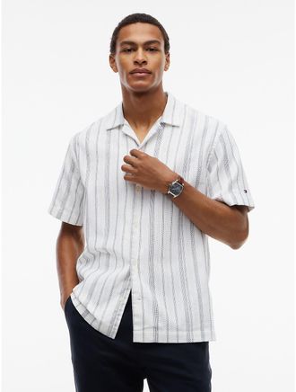 Tommy Hilfiger Mens Classic Fit Open Weave Camp Shirt - White / Stripe - XL