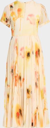 Jason Wu Pleated Watercolor-Print Midi Dress