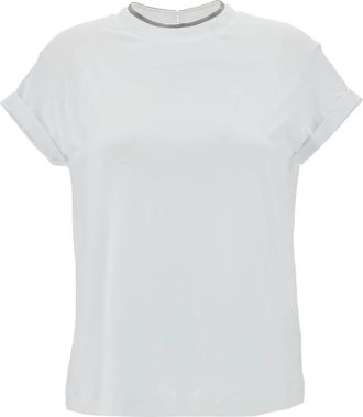 Brunello Cucinelli Wit Katoenen T-shirt met Monile Detail - Dames - T-shirts - Wit - M - Katoen - Tops