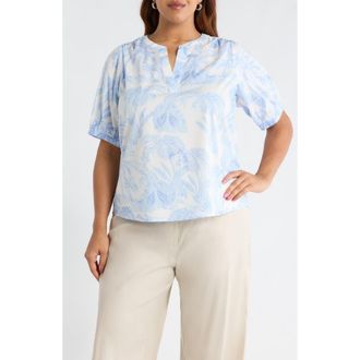 Sugarlips Poly Leaf Neli Puff Sleeve Cotton Top in Blues-Wht-Mul at Nordstrom, Size 3X