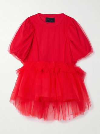 Simone Rocha T-shirt In Jersey Di Cotone E Tulle Arricciato A Strati - Rosso