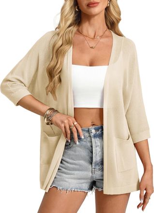 Grace Karin Womens 3/4-Sleeves Open Front Cardigan Summer Casual Batwing Sleeve Lightweight Tops with Pockets Apricot M